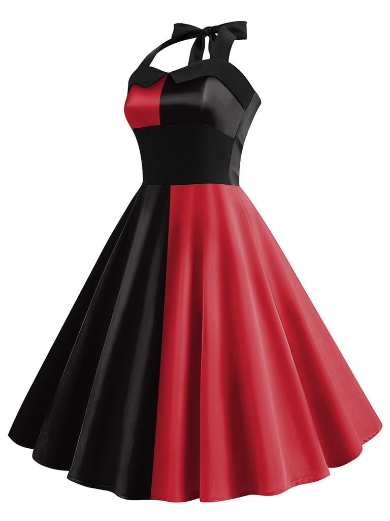 Red&Black 1950s Solid Halter Dress: where 1950s romance meets her modern spirit