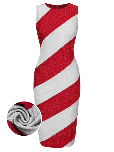 Women's Red&White Pinstriped Pencil Dress Xmas Fun Outfits