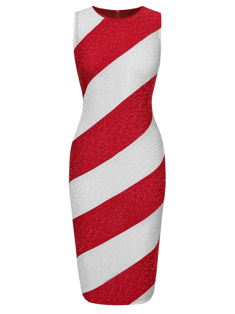 Women's Sleeveless Candy cane Inspired Pencil Dress Red&White