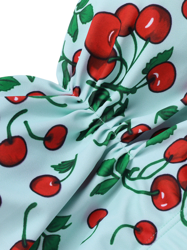 Back view: 1950s Retro 1950s Cherry Summer Halter Swimsuit, perfect for vintage themed parties and retro fashion enthusiasts