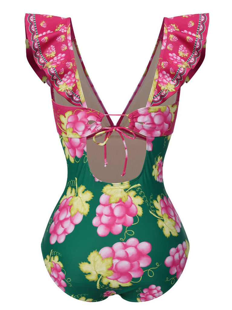 Retro 1950s Grape V-Neck Ruffle Sleeves Swimsuit, vintage swimsuit, pin-up swimwear - perfect for women who love vintage and retro fashion