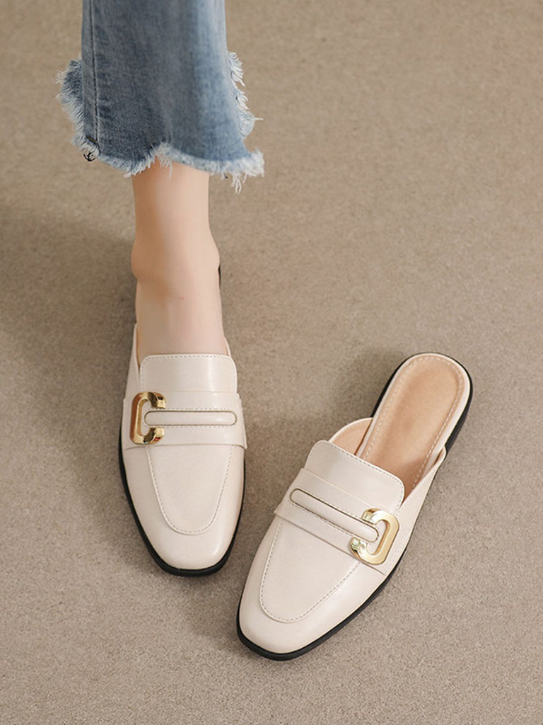 Retro Beige Leather Loafers Half Slippers — 1950s style that transcends decades