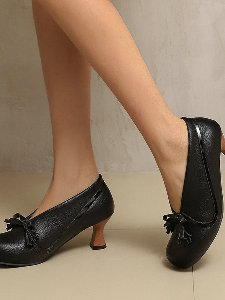 Retro Bow PU Round-Toe Chunky Heel Shoes - vintage shoes, retro heels