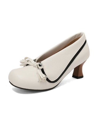 Retro Bow PU Round-Toe Chunky Heel Shoes - vintage shoes, retro heels