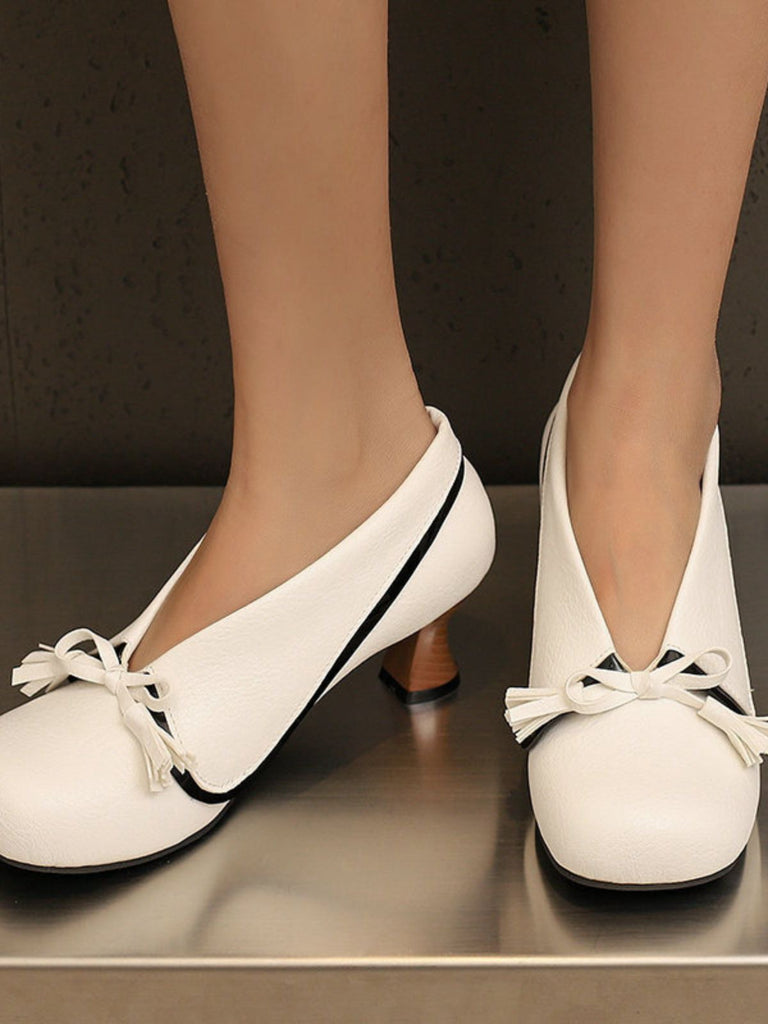 Retro Bow PU Round-Toe Chunky Heel Shoes - vintage shoes, retro heels