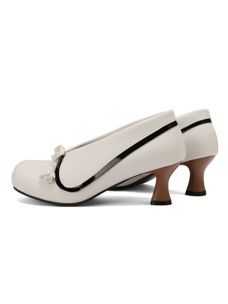 Retro Bow PU Round-Toe Chunky Heel Shoes - vintage shoes, retro heels