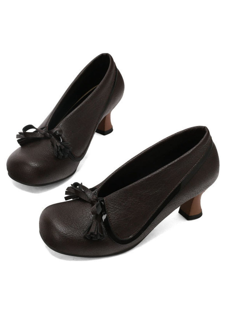 Retro Bow PU Round-Toe Chunky Heel Shoes - vintage shoes, retro heels
