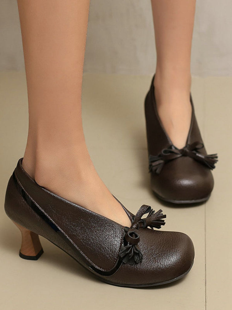 Retro Bow PU Round-Toe Chunky Heel Shoes - vintage shoes, retro heels