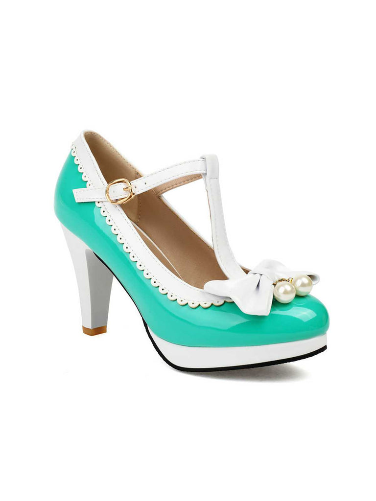 Retro Bow T-Strap Contrast High Heels Shoes — 1950s style that transcends decades