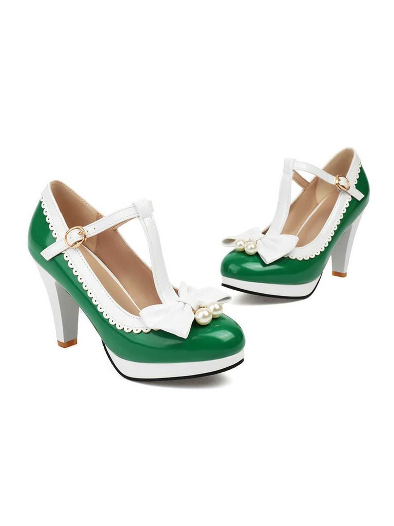 Retro Bow T-Strap Contrast High Heels Shoes — 1950s vintage charm for her modern wardrobe