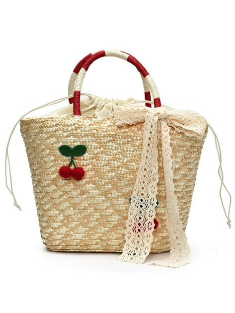 Retro Cherry Applique Lace Bow Drawstring Straw Tote Bag | Retro Stage