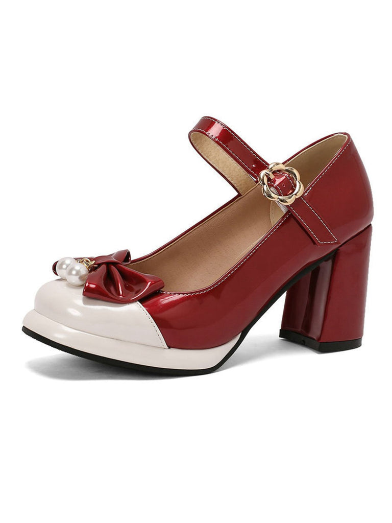 Retro Leather Colorblock Bowknot Chunky Heels — 1950s style that transcends decades
