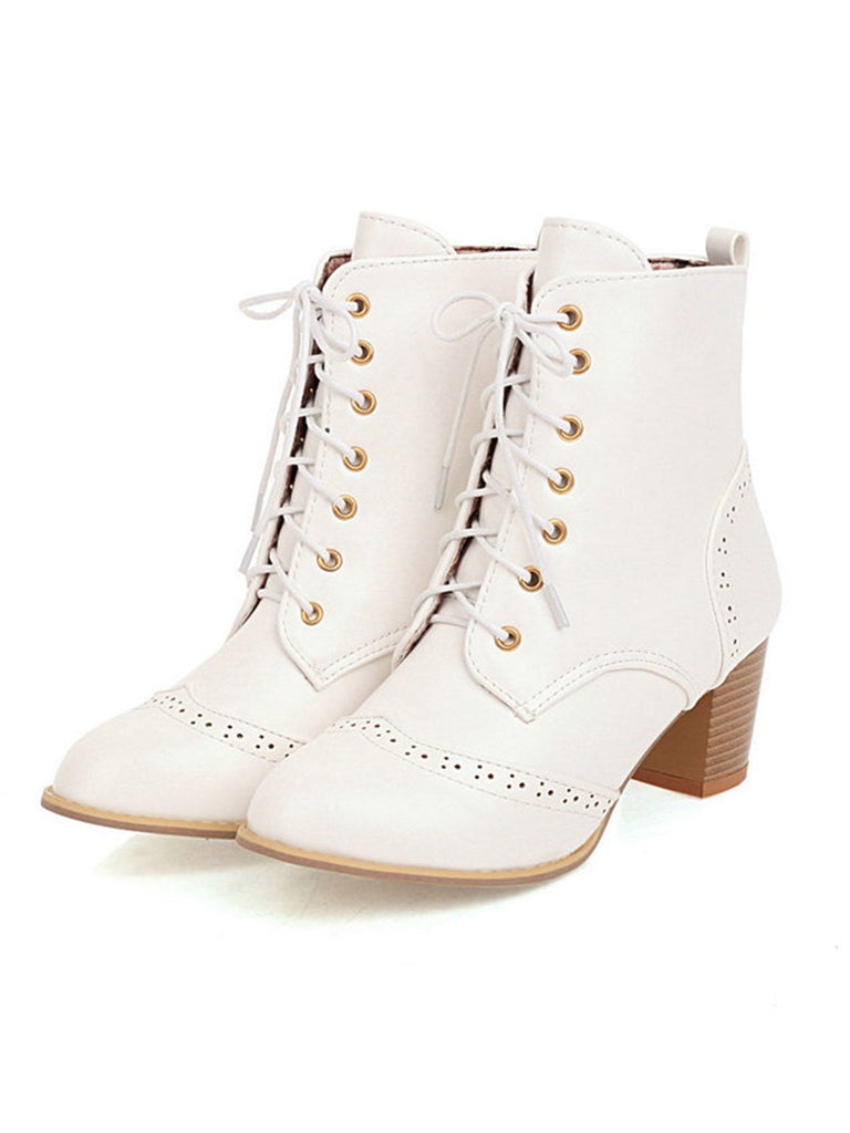 Retro Leather Medium Heel Lace-Up Combat Boots — 1950s style that transcends decades