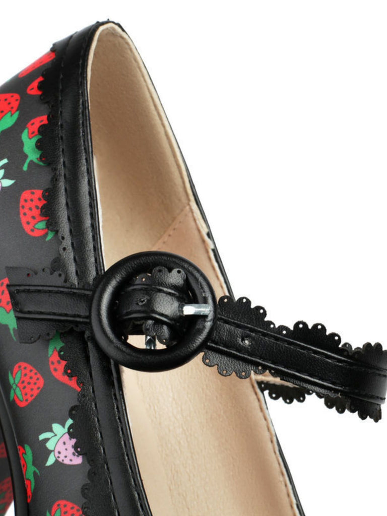 Retro Leather Strawberry Bow Chunky Heels — 1950s style that transcends decades