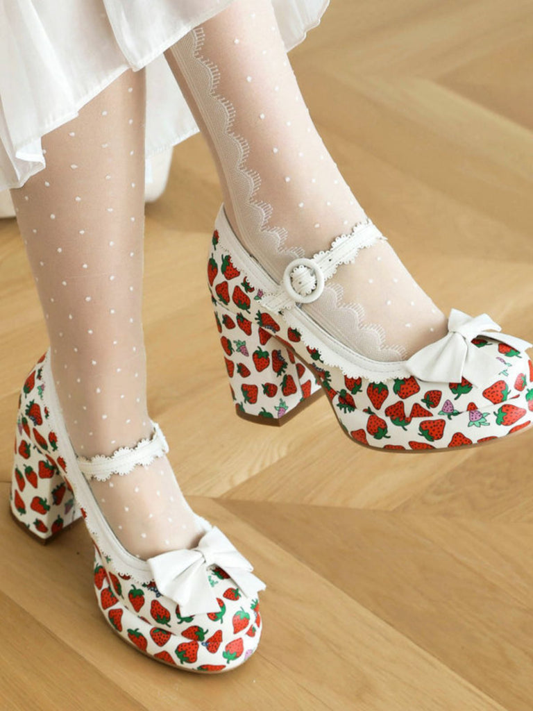 This Retro Leather Strawberry Bow Chunky Heels whispers 1950s secrets to those who notice