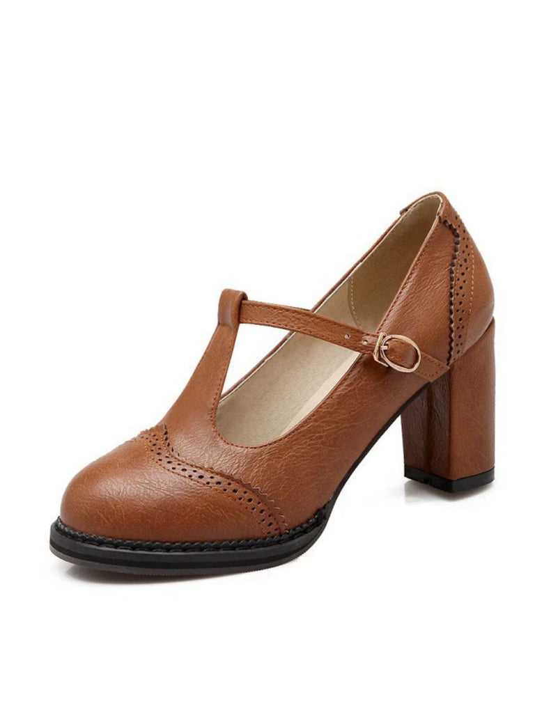 She finds her 1950s story in this Retro Leather T-Strap Chunky Heel Shoes