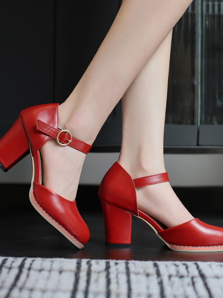 Retro PU Leather Chunky High Heels — vintage elegance for the modern woman