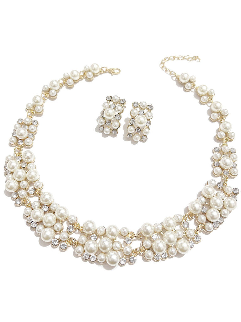 Rhinestoned Imitation Pearl Necklace & Earrings Set - vintage fashion, retro style