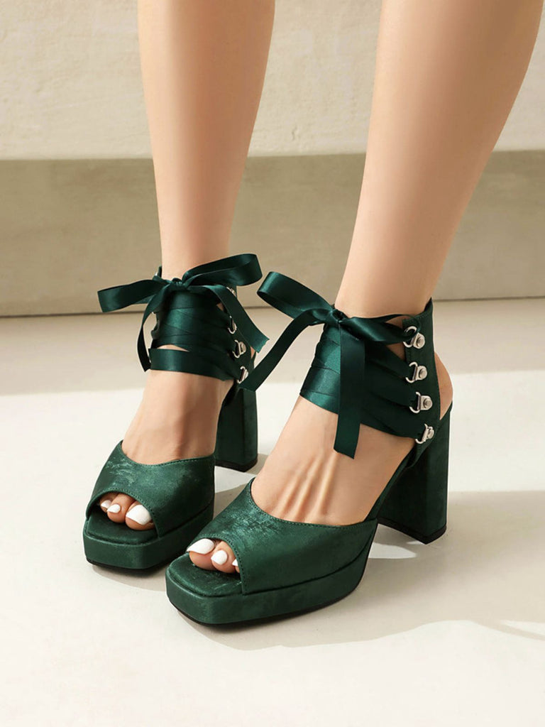Ribbon Bow Lace-Up Chunky Heel Sandals - vintage shoes, retro heels