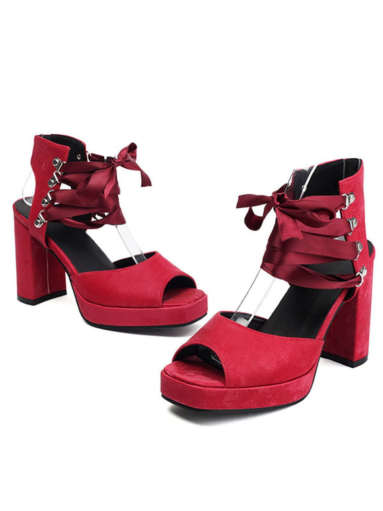 Ribbon Bow Lace-Up Chunky Heel Sandals - vintage shoes, retro heels