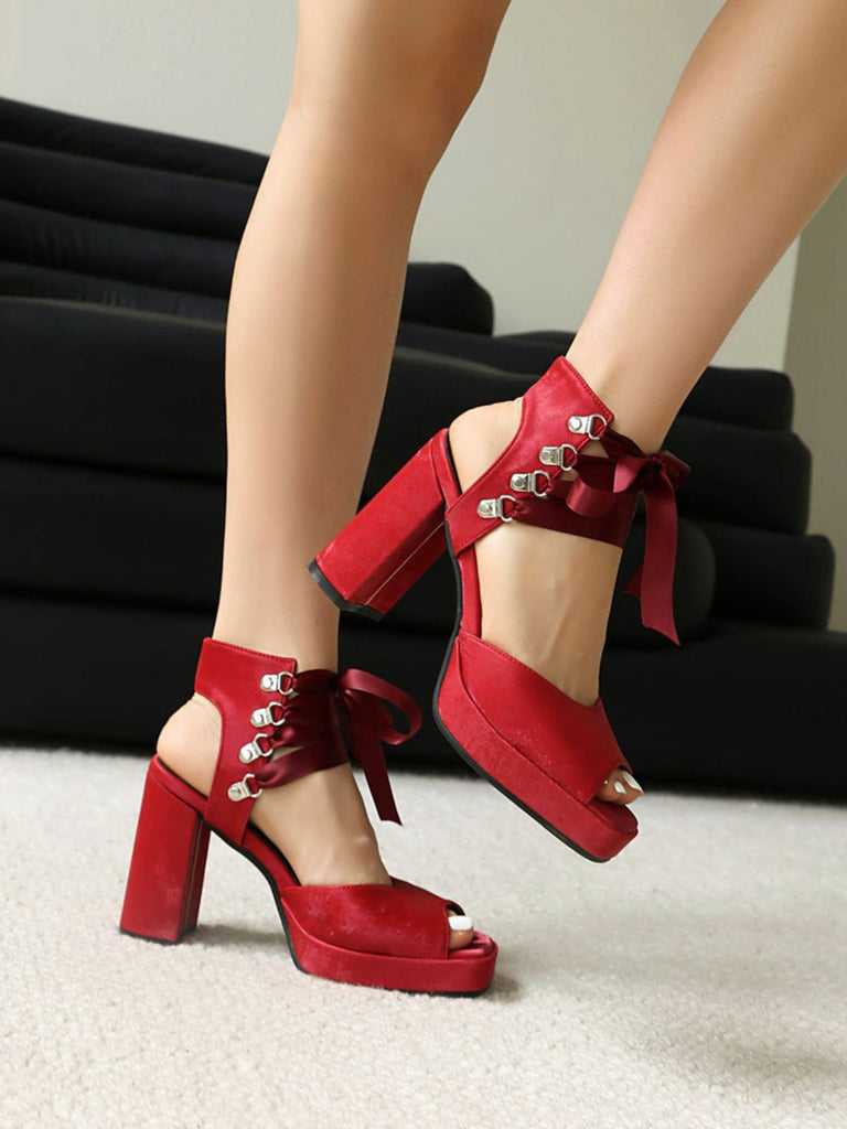 Ribbon Bow Lace-Up Chunky Heel Sandals - vintage shoes, retro heels