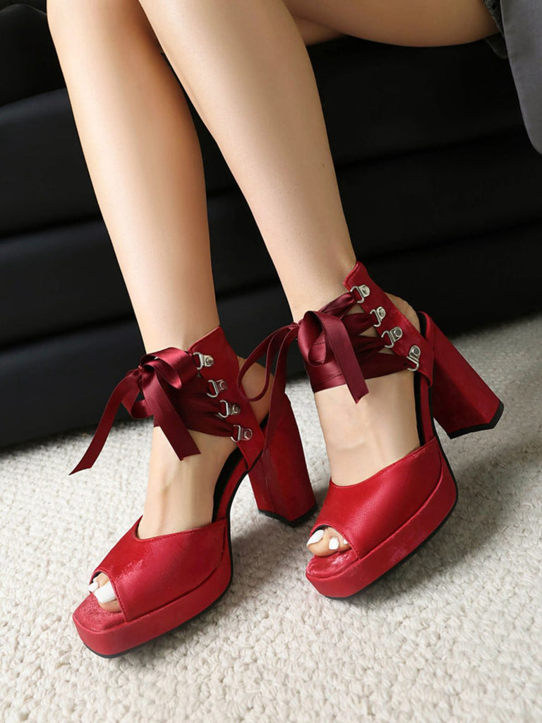 Ribbon Bow Lace-Up Chunky Heel Sandals - vintage shoes, retro heels