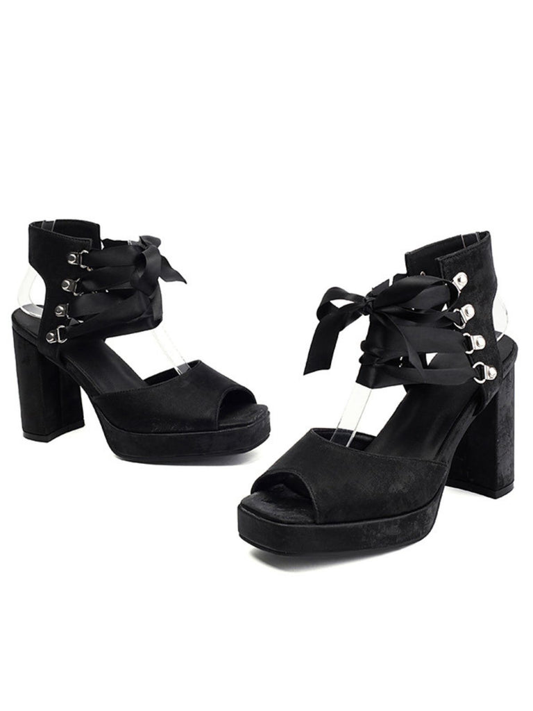 Ribbon Bow Lace-Up Chunky Heel Sandals - vintage shoes, retro heels