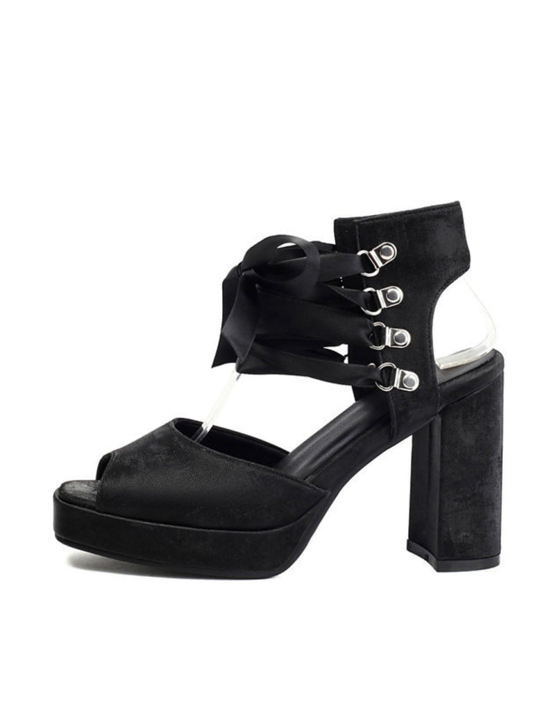 Ribbon Bow Lace-Up Chunky Heel Sandals - vintage shoes, retro heels