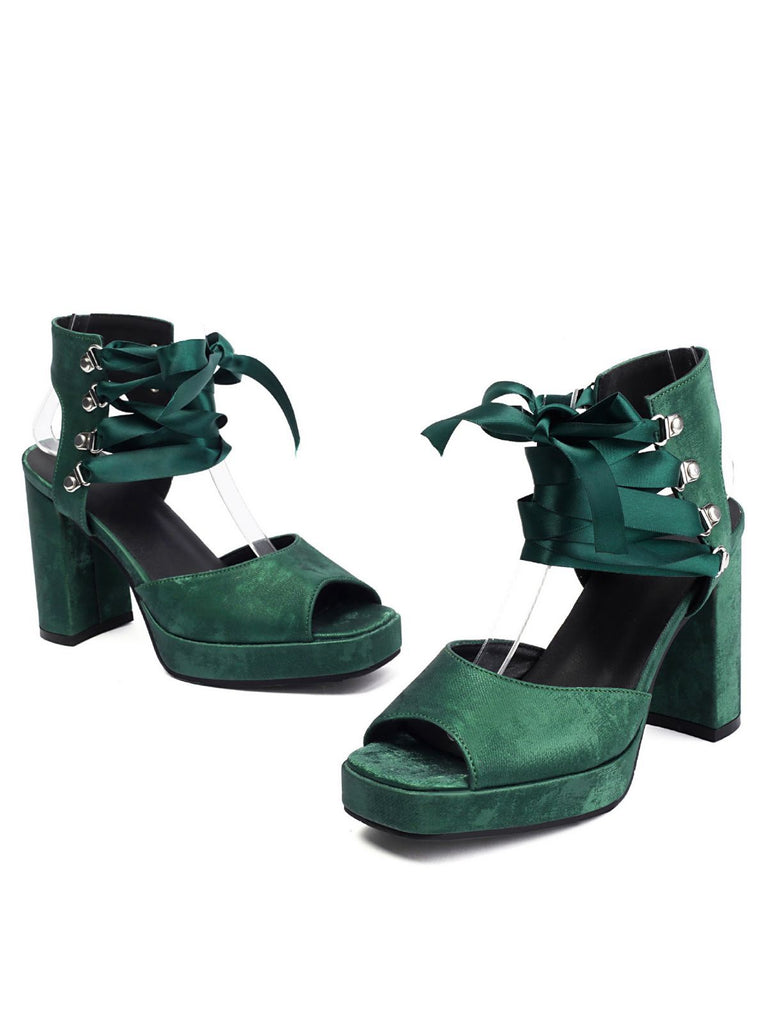 Ribbon Bow Lace-Up Chunky Heel Sandals - vintage shoes, retro heels