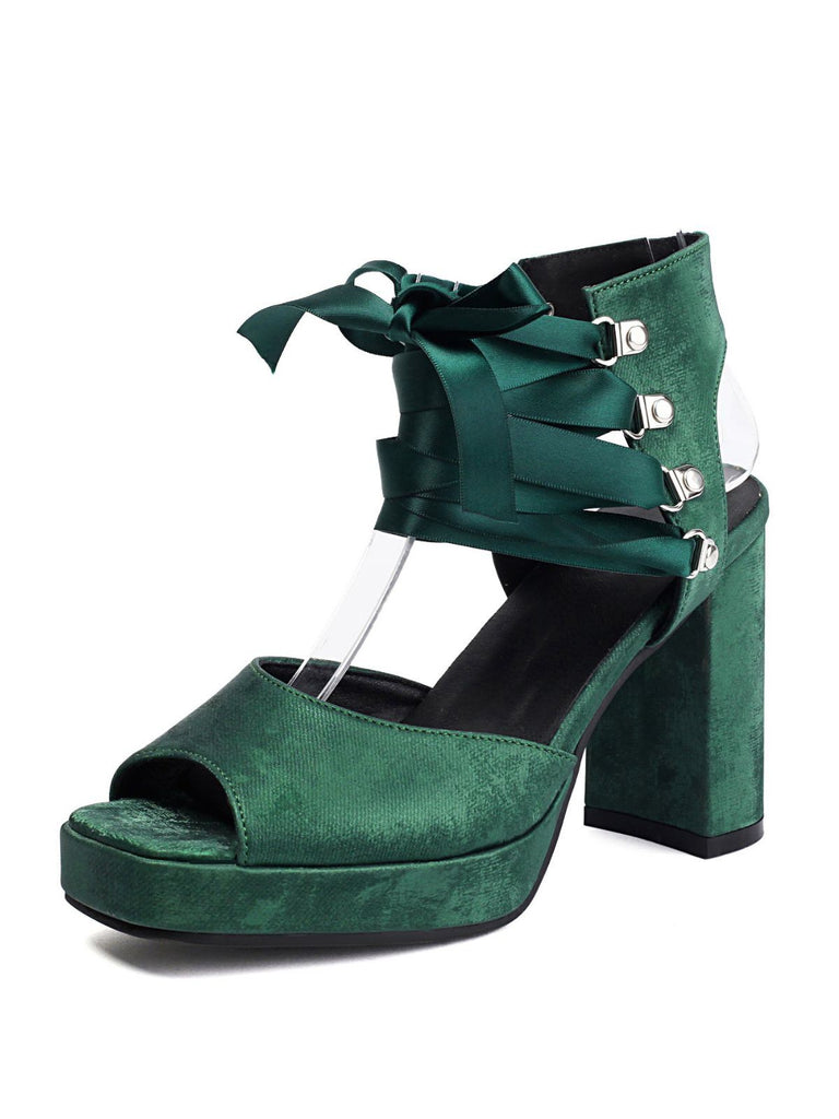 Ribbon Bow Lace-Up Chunky Heel Sandals - vintage shoes, retro heels