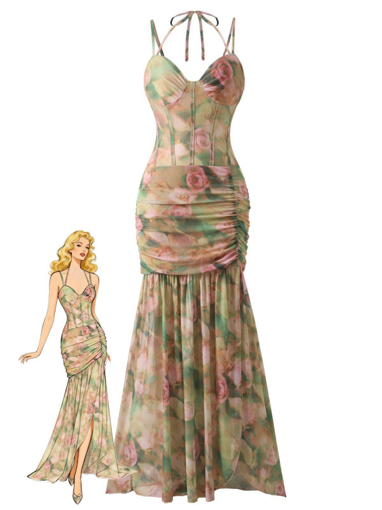 1930s Rose Print Fishbone Ruched Slit Dress