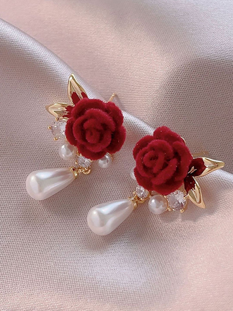 Rose Pearl Pendant Bow Stud Earrings — vintage elegance for the modern woman