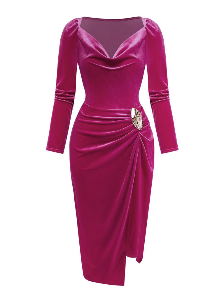 Rose Pink 1960s Cowl Neck Velvet Slit Dress - vintage dress, retro fashion