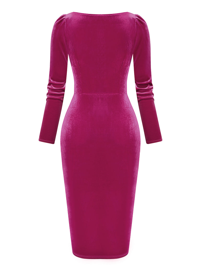 Retro Stage Cowl Neck Long Sleeve Slit Velvet Dress Rose Pink