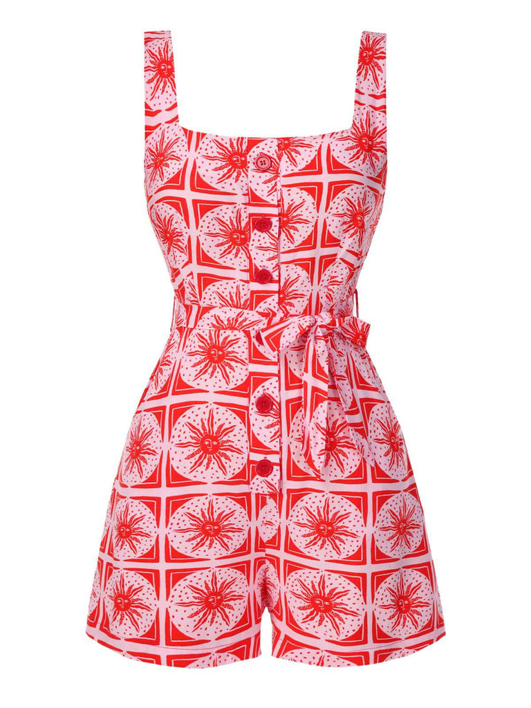 Rose Pink 1970s Boho Sun Print Button Romper - vintage jumpsuit, retro fashion