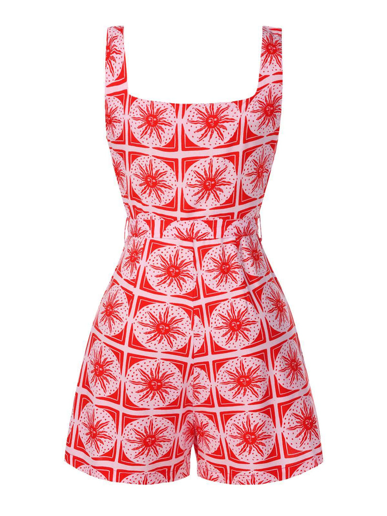 Rose Pink 1970s Boho Sun Print Button Romper - vintage jumpsuit, retro fashion