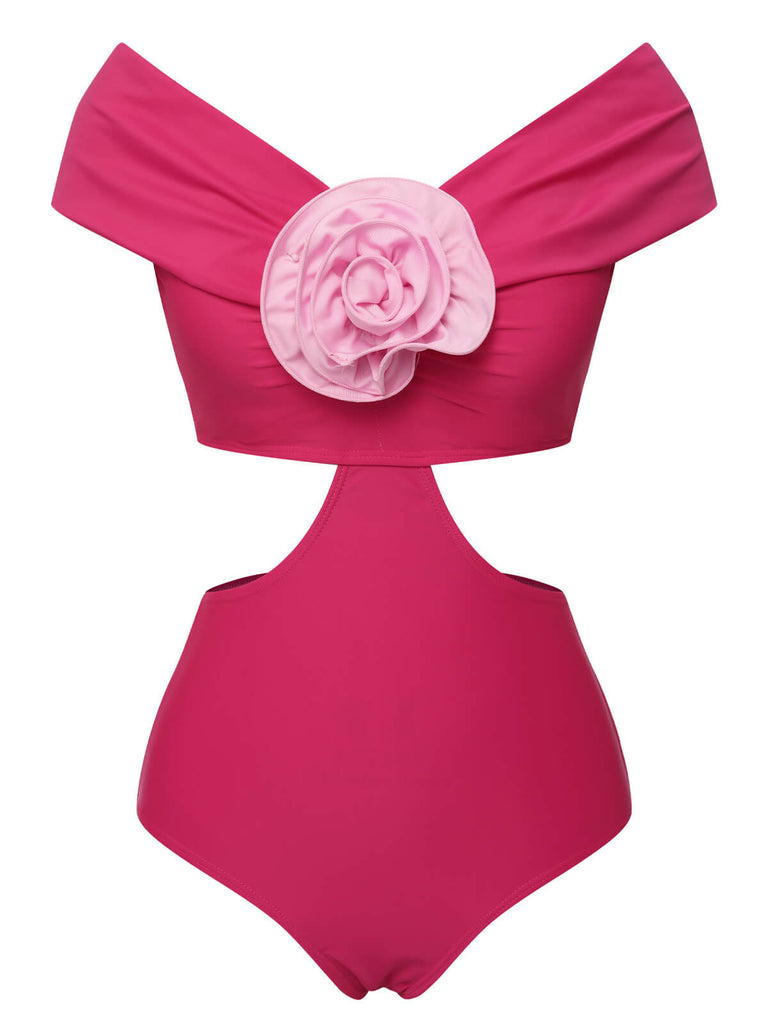 Rose Red 1930s 3D Rose Off Shoulder Swimsuit - vintage swimsuit, pin-up style, elegant red
