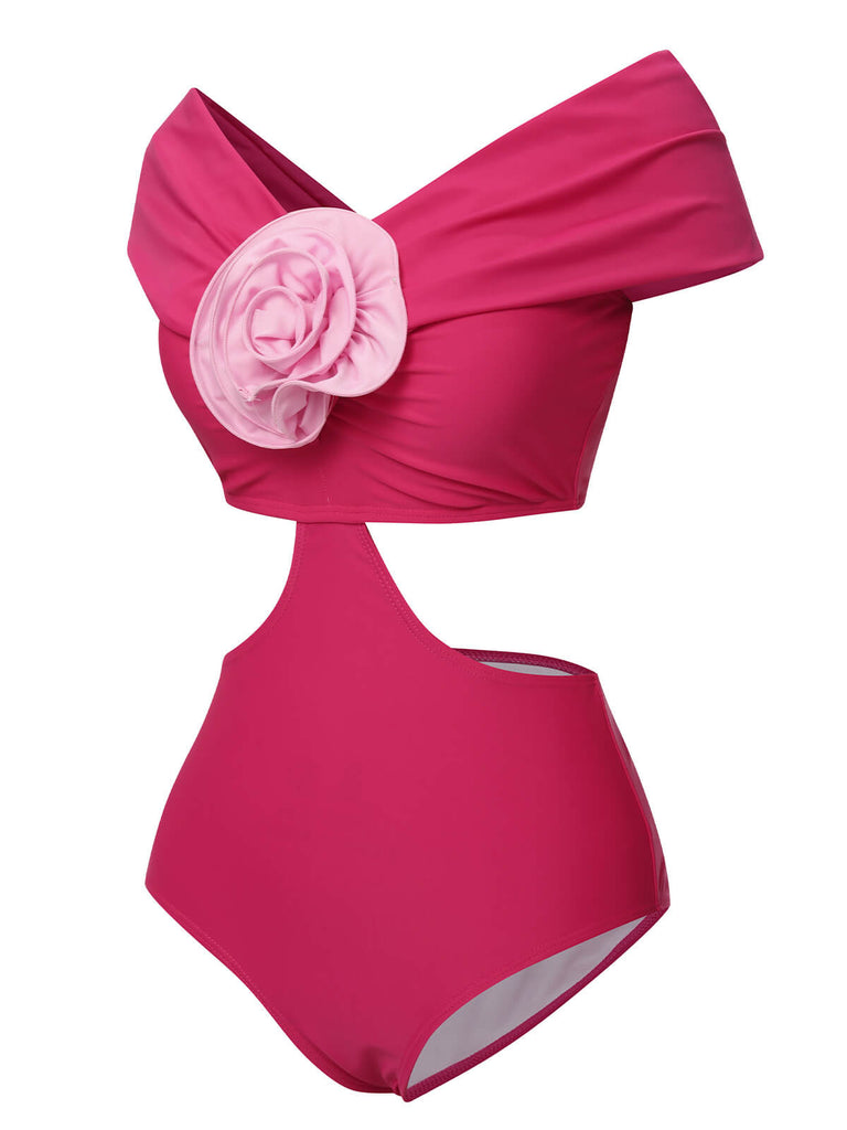 Rose Red 1930s 3D Rose Off Shoulder Swimsuit - vintage swimsuit, pin-up style, elegant red