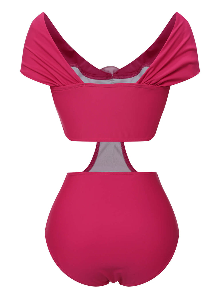 Rose Red 1930s 3D Rose Off Shoulder Swimsuit - vintage swimsuit, pin-up style, elegant red