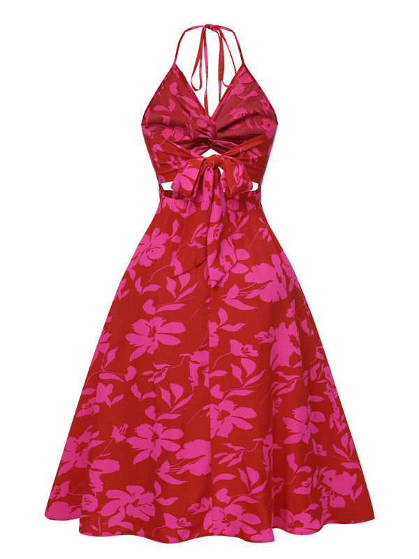 Rose Red 1930s Halter Hollow Floral Dress | Retro Stage Rose Red 1930s Halter Hollow Floral Dress | Retro Stage