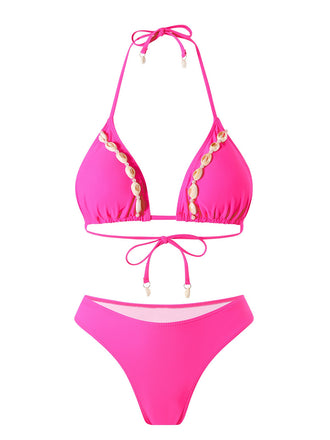 Rose Red 1940s Boho Seashell Halter Bikini Set - vintage fashion, retro style, elegant red