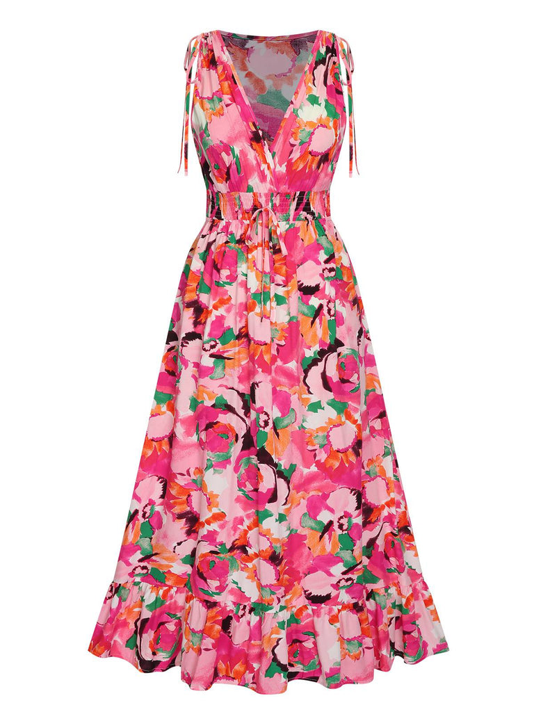 Rose Red 1940s Floral V-Neck Elastic Waist Dress, vintage dress, retro fashion, floral print - perfect for women who love vintage and retro fashion