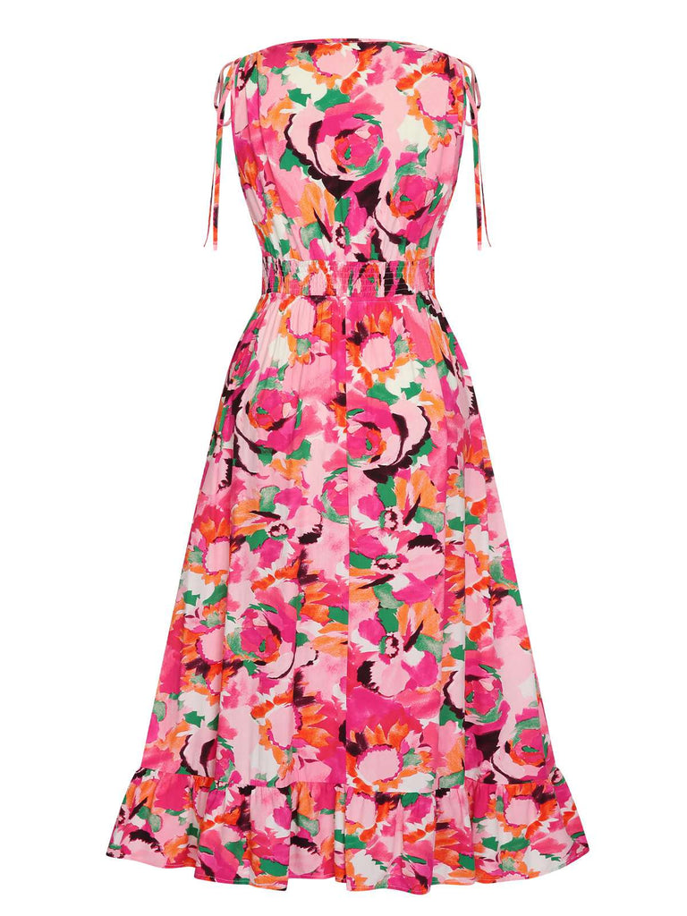 Rose Red 1940s Floral V-Neck Elastic Waist Dress, vintage dress, retro fashion, floral print - perfect for women who love vintage and retro fashion