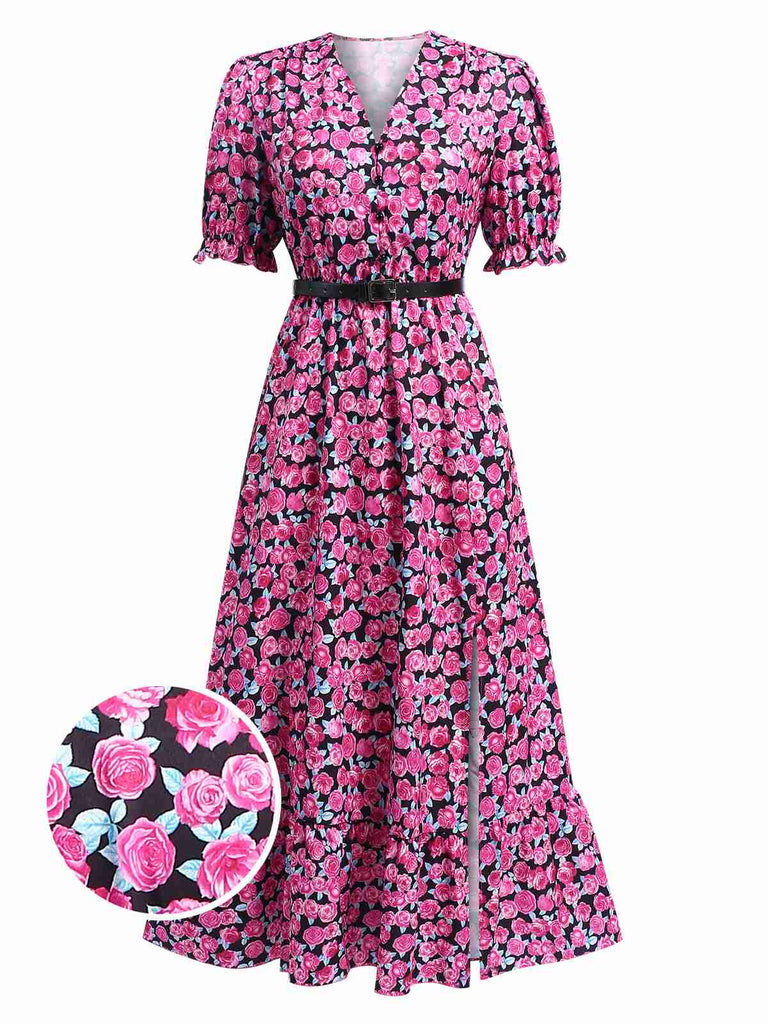 Rose Red 1940s Slit Roses V-Neck Dress, vintage dress, retro fashion - perfect for women who love vintage and retro fashion