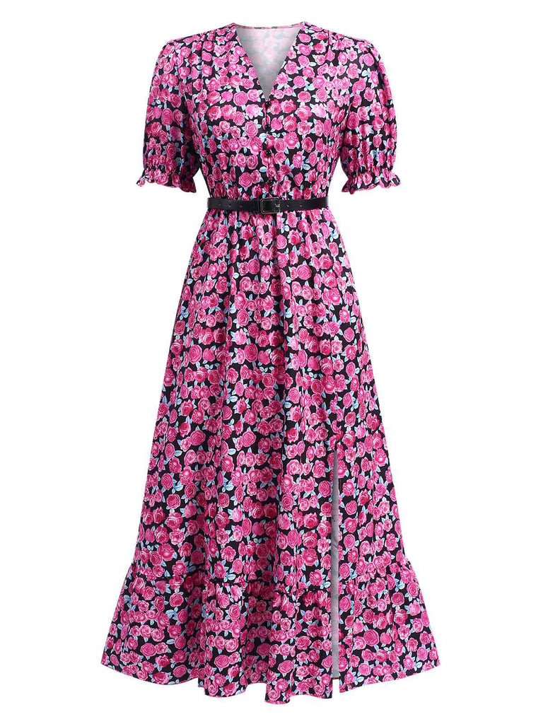 Rose Red 1940s Slit Roses V-Neck Dress, vintage dress, retro fashion - perfect for women who love vintage and retro fashion