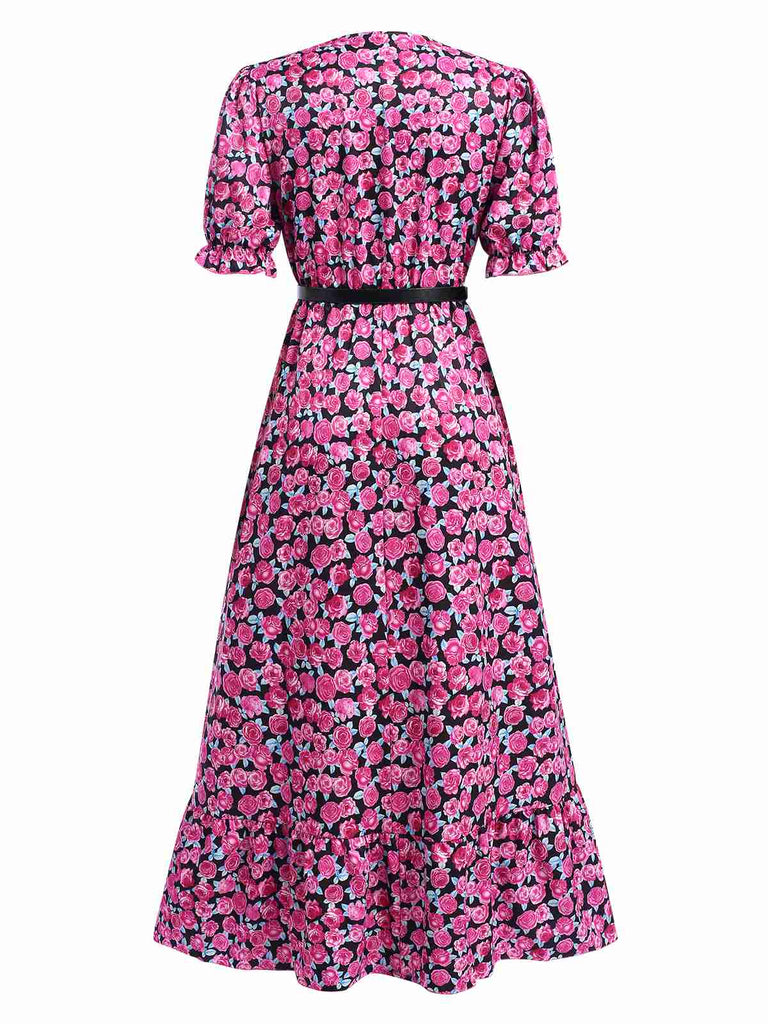Rose Red 1940s Slit Roses V-Neck Dress, vintage dress, retro fashion - perfect for women who love vintage and retro fashion
