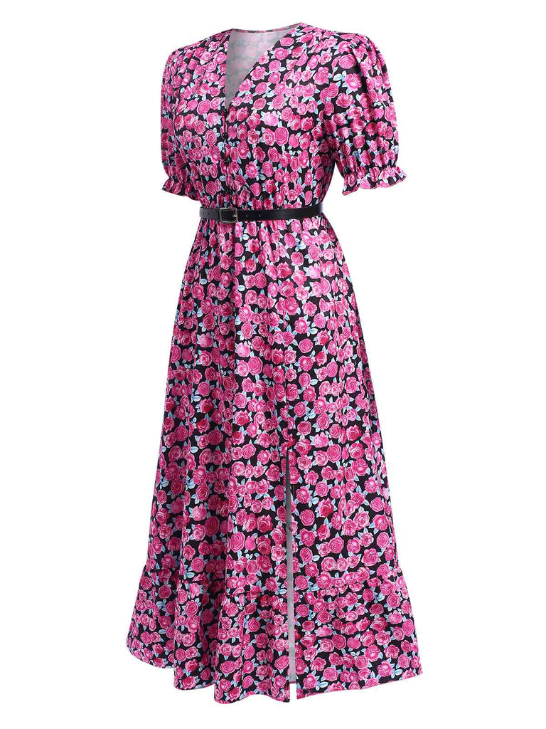 Rose Red 1940s Slit Roses V-Neck Dress, vintage dress, retro fashion - perfect for women who love vintage and retro fashion