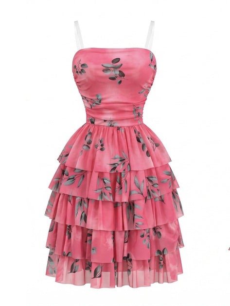 Rose Red Leaf Print Ruched Tiered Mesh Dress Rose Red Leaf Print Ruched Tiered Mesh Dress