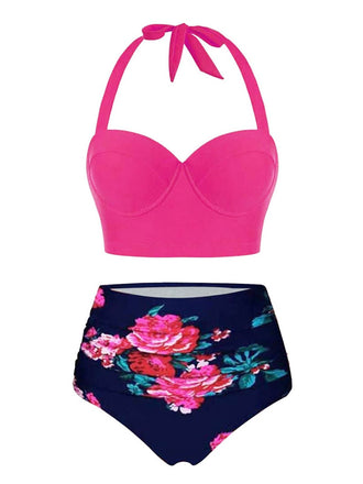 Rose Red 1950s Halter Flowers Bikini Set - vintage fashion, retro style, elegant red