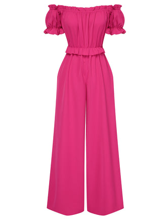 Rose Red 1950s Off-Shoulder Ruffles Solid Jumpsuit, vintage romper, retro jumpsuit - perfect for women who love vintage and retro fashion